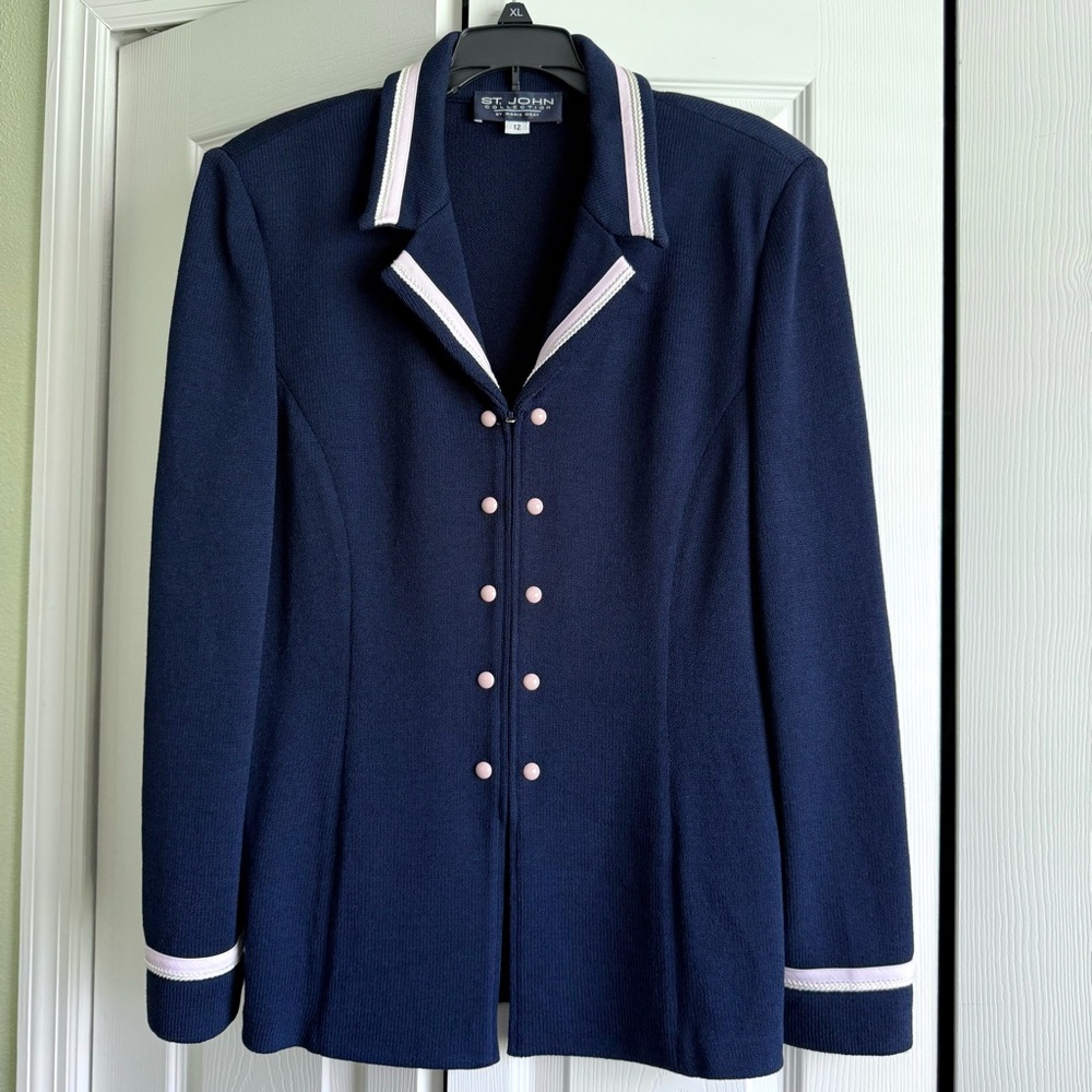 St. John Collection Marie Gray Evening Santana Knit Cardigan Jacket Blazer Navy
